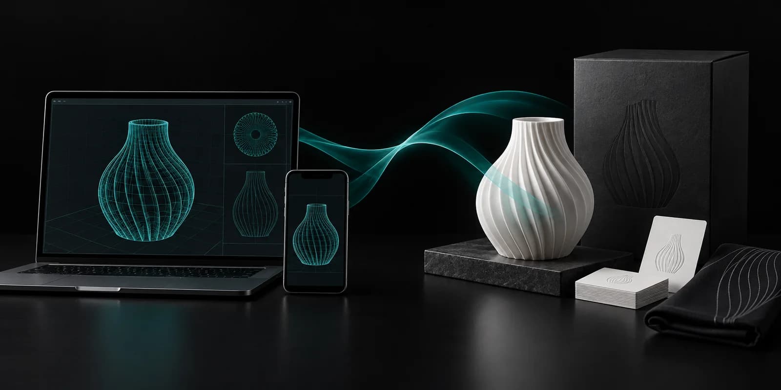 Del modelo digital de una pieza en pantalla al objeto impreso en 3D, acompañado de packaging, tarjetas y textil.