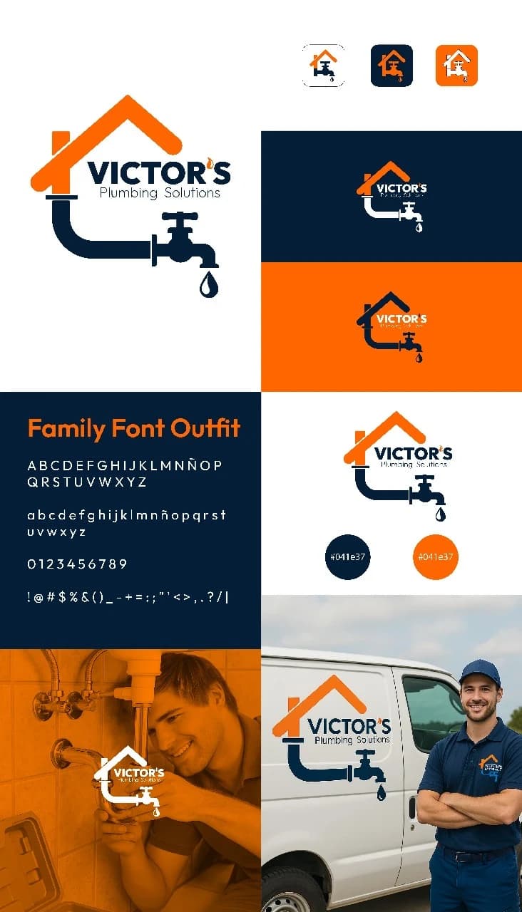 Identidad visual Victor’s Plumbing Solutions: logotipo y aplicaciones.