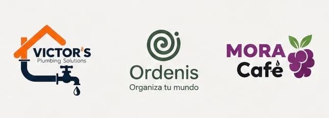 Logotipos de Victor’s Plumbing Solutions, Ordenis y Mora Café.