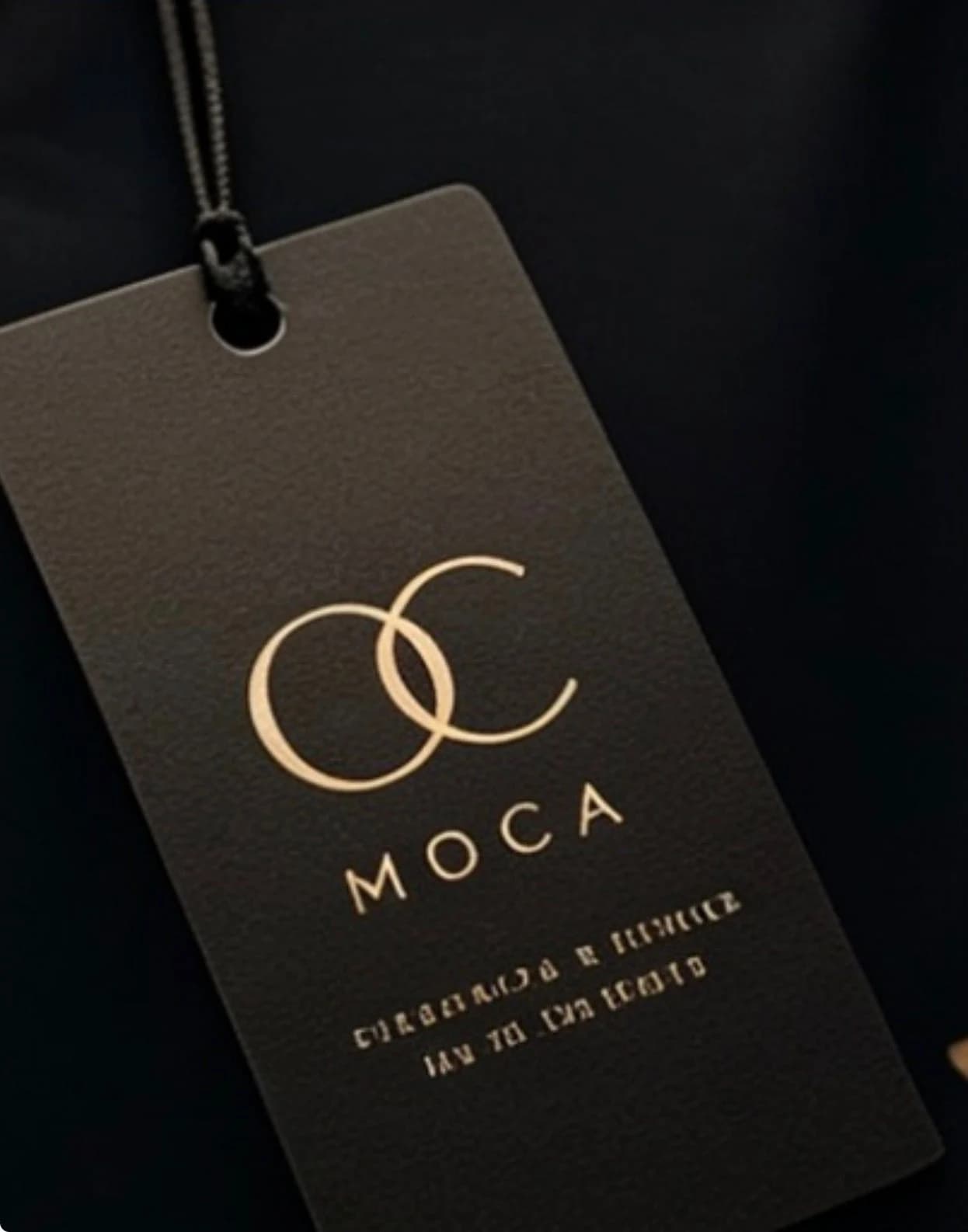 Detalle de etiqueta colgante MOCA en negro y dorado.
