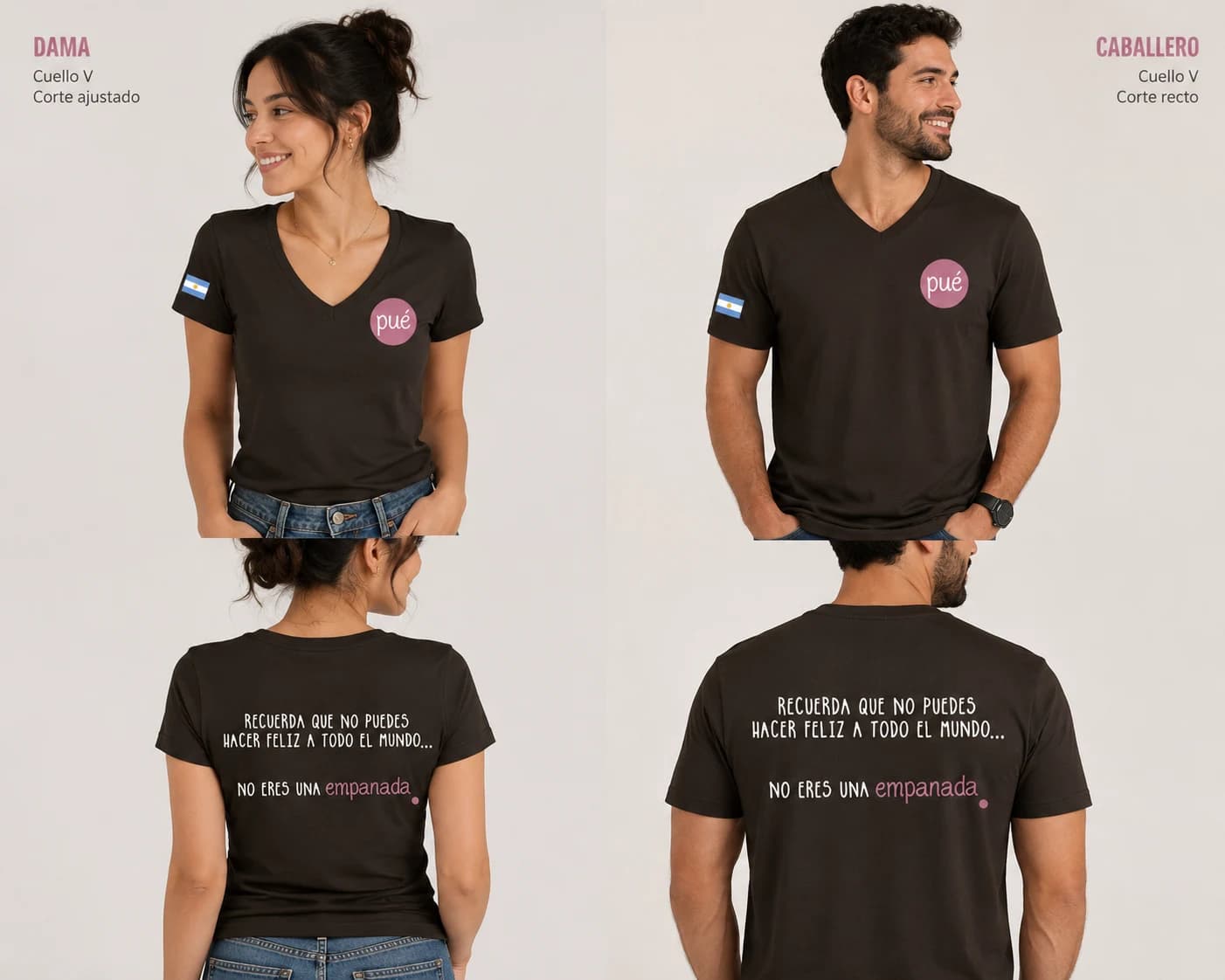 Visualización de playeras chocolate Pué para dama y caballero, frente y espalda.